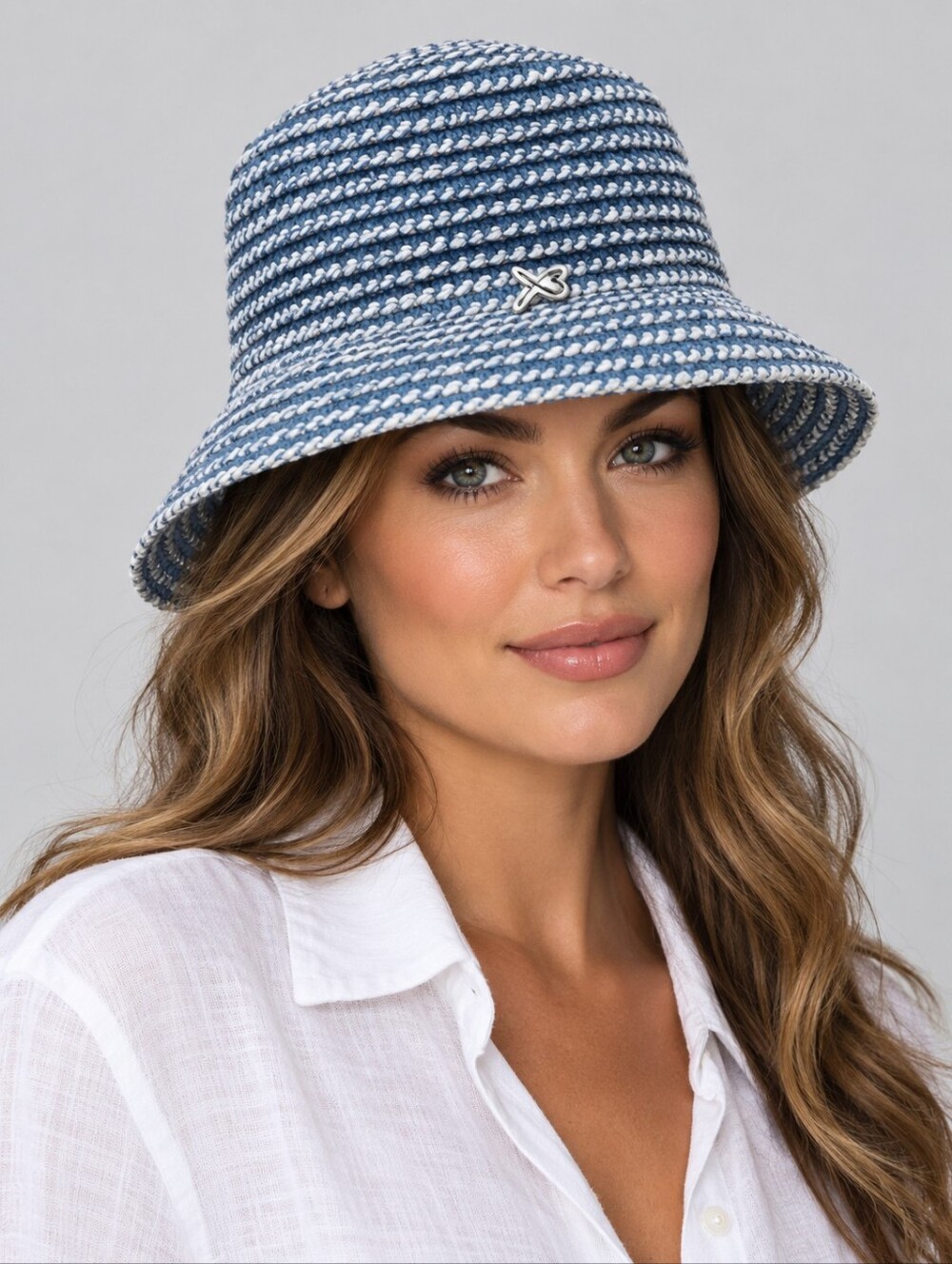 Betmar New York Braided Woven Chenille Bucket Hat Blue & White
